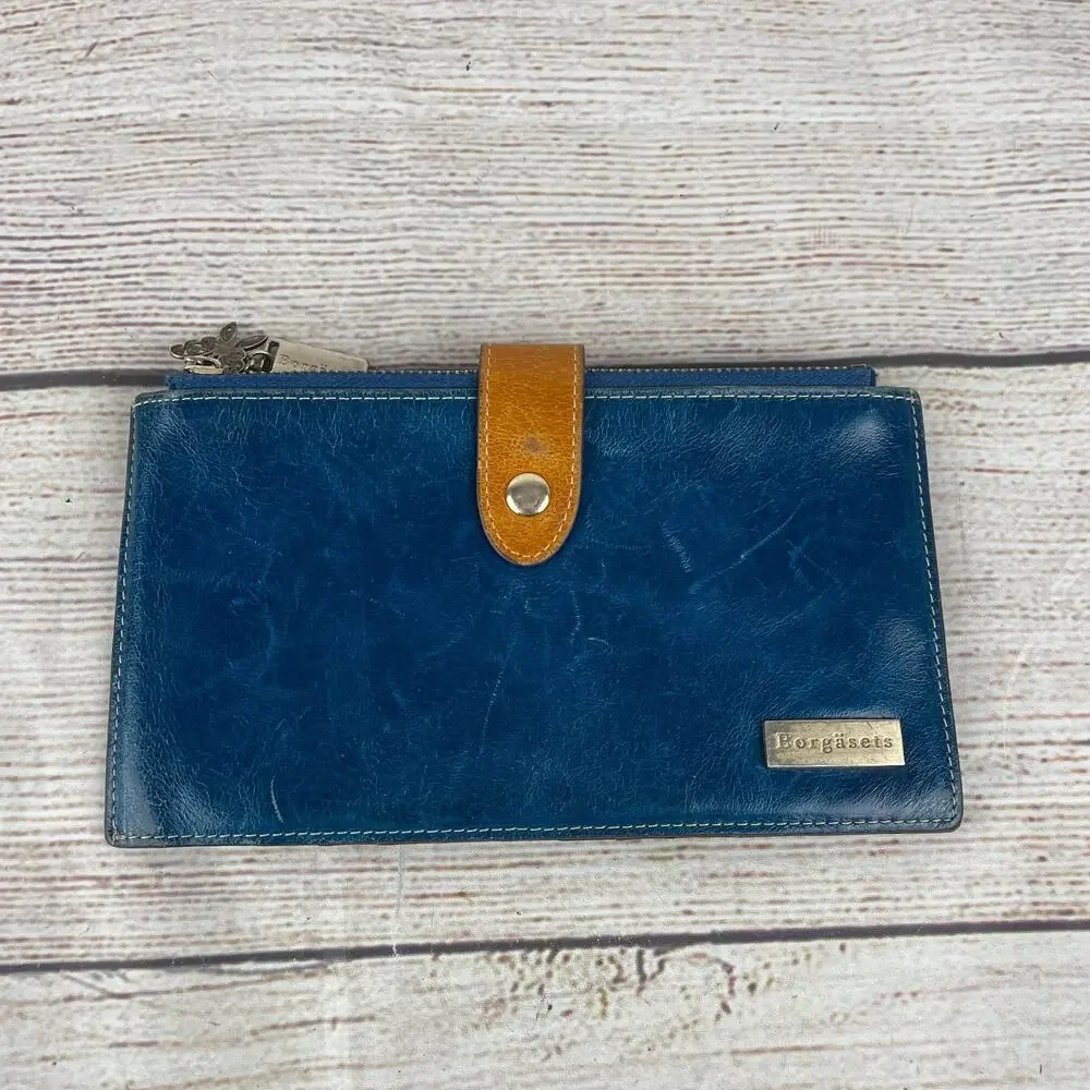 Borgasets Leather Bifold Wallet RFID Blue Brown Leather Slimline Cards